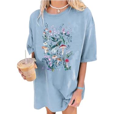 Imagem de Camiseta feminina de manga curta com estampa de flores silvestres grandes com estampa de cogumelo, Azul, P