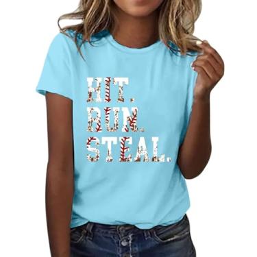 Imagem de Camiseta feminina com estampa de beisebol, gola redonda, manga curta, casual, moderna, túnica de verão, Azul claro, GG