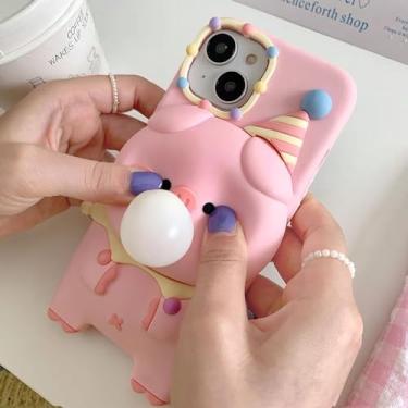 Imagem de GDDJONG Capa de telefone de porco rosa compatível com iPhone 11, capa fofa para meninas mulheres desenho 3D porquinho engraçado animal soprando bolhas à prova de choque capa macia de silicone para