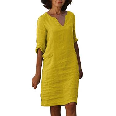 Imagem de Lainuyoah Vestido feminino de verão comprimento até o joelho 2024 ajuste solto mangas soltas vestido de praia elegante boho linho camisa vestido, B - amarelo, M
