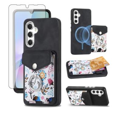 Imagem de Asuwish Capa de celular para Samsung Galaxy A05S carteira com protetor de tela anel fino magnético suporte suporte traseiro porta-cartão de crédito flor Ao5s Ao5 A 05s 05 meninas mulheres homens preto