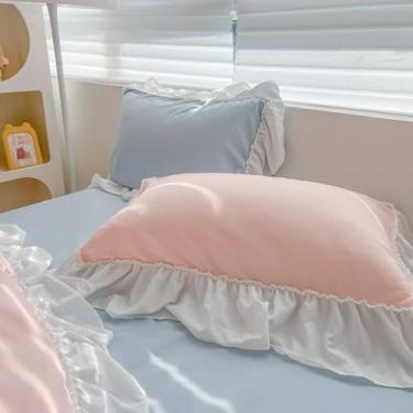 Imagem de Fronha estilo princesa com babado de renda grande, capa de almofada decorativa de algodão lavado macio para meninas, quarto de casa, 48x74cm, rosa, 1 peça 48x74cm