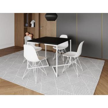 Imagem de Mesa Industrial Base Ferro Branco em  V  Tampo 90x90 Preto  4 Cadeiras