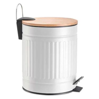 Imagem de Lixeira Branca 3 Litros Vintage Canelada Com Tampa Bambu - MEK