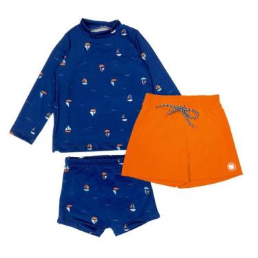 Imagem de Kit Blusa Sunga Com Proteção Uv+ Bermuda Tactel Praia Menino - Fofotin
