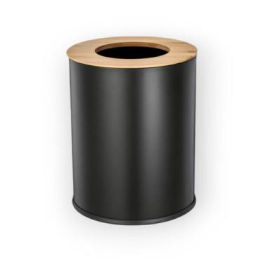 Imagem de Lixeira 8l metal com tampa vazada de bambu  preto oikos