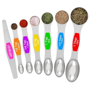 Imagem de Conjunto de colheres de medição magnéticas – Conjunto de 7 colheres de medição dupla face de aço inoxidável Wildone, para ingredientes secos e líquidos, incluindo 6 colheres de encaixe resistentes, 1 nivelador, cabe em pote de temperos
