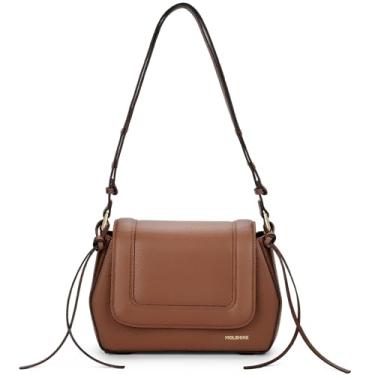 Imagem de molshine Bolsa de ombro feminina de couro genuíno, bolsa transversal pequena com aba para mulheres com alça ajustável DLK0022, Marrom caramelo, M