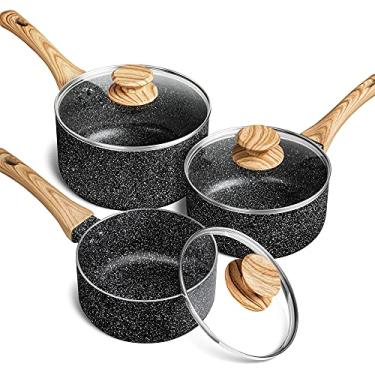 Imagem de MICHELANGELO Conjunto de Panela com Tampa, Panela Antiaderente com Tampa 1Qt + 2Qt + 3Qt, Conjunto de Panela de Pedra, Panela Pequena com Tampa, Panela de Granito 3 Peças, Panelas de Molho, Preto