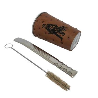 Imagem de Kit tereré cuia copo redondo alumínio revestido de couro modelo avestr