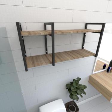 Imagem de Prateleira industrial banheiro aço cor preto prateleiras 30cm cor amad