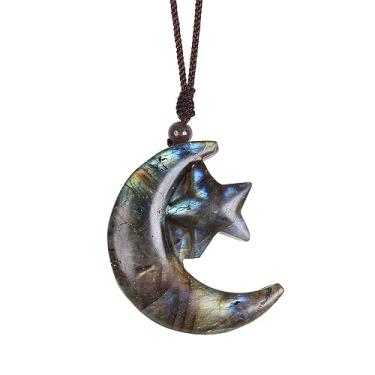 Imagem de Nupuyai Colar de labradorita natural esculpido à mão, unissex, pingente de pedra de cristal de labradorita irregular com cordão ajustável, 45 a 78 cm, Cristal de labradorita, Labradorita