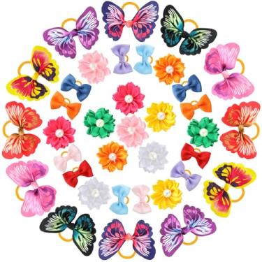 Imagem de Janinka 36 peças de laços de cabelo de cachorro com faixas de borracha borboleta pequenos laços atados flores pérolas elásticos laços de cabelo para animais de estimação filhotes gatos acessórios de