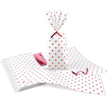 Imagem de FAZHBARY 100 peças de sacos de guloseimas de celofane para presente de dia dos namorados, sacos de plástico de coração vermelho, sacos de brindes para materiais de embrulho