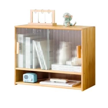 Imagem de LICONG-2020 Atril para livros armazenamento de bambu de secretária, com portas de correr de vidro, prateleiras, organizador de papelaria de secretária de escritório multifuncional estante