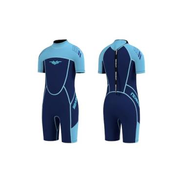 Imagem de Seaskin Roupa de mergulho infantil para meninos e crianças jovens 3 mm zíper nas costas roupa de mergulho curta (azul curto, 4)