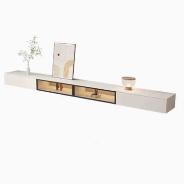 Imagem de Meuble télé mural simples e moderno suporte de TV flutuante montado na parede com porta dobrável de vidro e gavetas, centro de entretenimento moderno de alto brilho de 78,7 pol