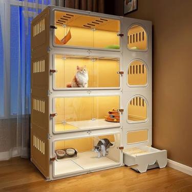 Imagem de Gaiolas para gatos respiráveis para uso interno feitas de resina + PP, casas para gatos internos com caixa de areia para gatos fechada, 6 tamanhos, 2 cores, amarelo + branco, 105 x 45 x 140 cm