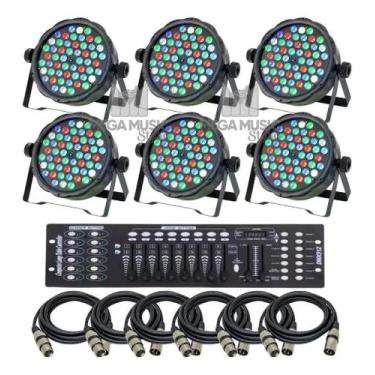 Imagem de 6 Canhao Refletor Led Par64 Rgbw 54 Leds 3w + Mesa Dmx + Cabos 5m - SH