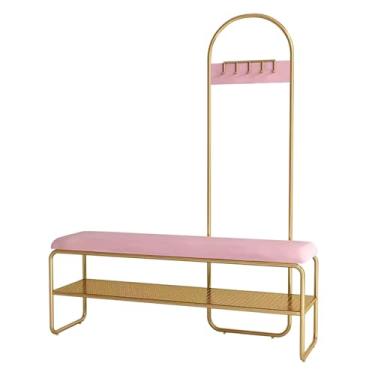 Imagem de Banco de entrada com cabideiro e armazenamento de sapatos – árvore de corredor com banco de sapatos, banco de mudroom com 5 ganchos, árvore de casaco para quarto e sala de estar