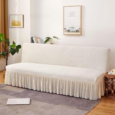 Imagem de Capa de futon sem braços com saia de babados, capa de sofá-cama futon altamente elástica, capa de sofá antiderrapante sem braços, tecido de veludo grosso, macio e aconchegante(Beige,Small (120-150cm))