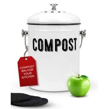 Imagem de Granrosi Recipiente de compostagem para cozinha, bancada para compostagem de cozinha, cesto para compostagem interna, caixa de compostagem de bancada com tampa, balde de compostagem 100% à prova de ferrugem com filtros de carvão sem cheiro, 3,5 litros - branco