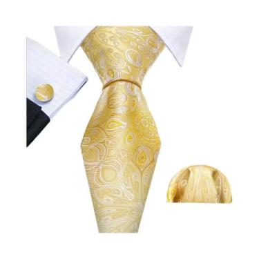 Imagem de Conjunto de Abotoaduras e Gravata de Seda - Tulipas Douradas, Bege, Am