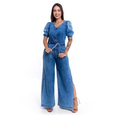 Imagem de Macacão Jeans Pantalona Manga Bufante Sem Elastano - Restrito Jeans, 0