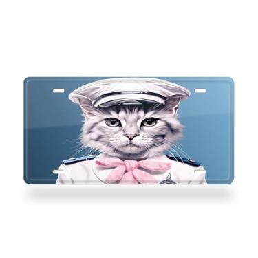 Imagem de Retrato fofo de gato em boné de marinheiro capa de placa de licença elegante - etiqueta de carro de alumínio artística, à prova de ferrugem, design exclusivo novidade - 15 x 30 cm