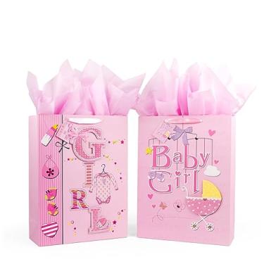 Imagem de Sacos de presente de bebê extragrandes de 42 cm com papéis de seda para chás de bebê, pacote com 2 unidades (rosa)