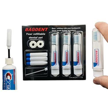 Imagem de Bagdent Escovas de dentes de viagem e recipientes vazios de pasta de dente – 11 peças/conjunto: 3 escovas de dentes dobráveis, 6 tubos recarregáveis vazios (3,4 g), 2 adaptadores de enchimento