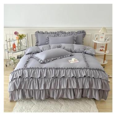 Imagem de Capa de edredom com babados, 3 peças, conjunto de cama decorativo, saia para cama de fazenda, fronhas, fecho de zíper, laços de canto fáceis de cuidar (cinza, tamanho king, 4 peças)