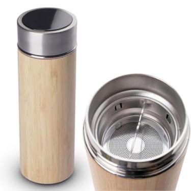 Imagem de Garrafa Térmica com Revestimento em Bambu Aço Inox 400ml Para Água Bebidas Geladas e Quentes Diversas
