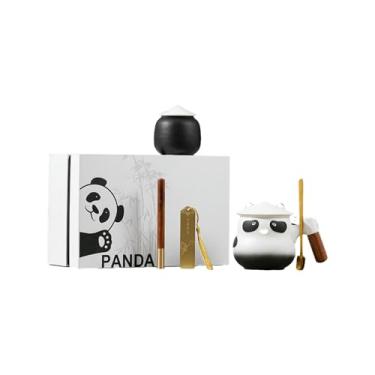 Imagem de Xícara de chá de cerâmica panda, conjunto de chá chinês bonito para casa - conjunto de cinco peças de negócios preto e branco / capa branca