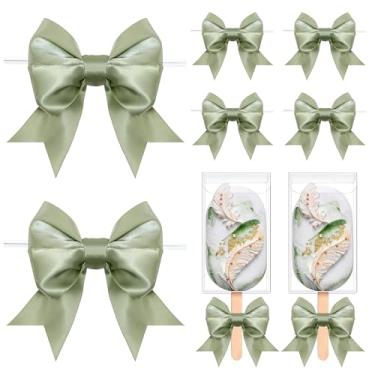 Imagem de LIZLOVESS Laços verdes sálvia com laços torcidos laços de fita dupla de cetim pré-amarrados de 8 cm para embrulho de presente, artesanato, decoração de casamento, sacos de petiscos, maçã doce, Natal