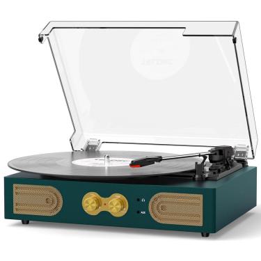 Imagem de Toca-discos de vinil TANLANIN Vintage de 3 velocidades com alto-falantes verdes