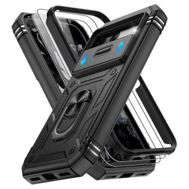 Imagem de Gritup Capa para celular Google Pixel 8A com capa de câmera deslizante e protetor de tela (2 peças), suporte de anel giratório 360, capa protetora de grau militar para Pixel 8A, preta