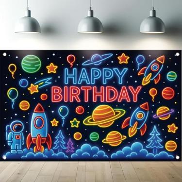 Imagem de Starlit Patio Pano de fundo de aniversário do espaço sideral neon foguete astronauta planeta banner para meninos crianças decorações de festa de aniversário fotografia fundo galáxia suprimentos para