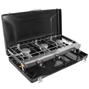 Imagem de FineFlame Fogão de acampamento a propano de 3 bocas 19800 BTUs, fogão de acampamento portátil com 3 queimadores ajustáveis e ignição instantânea com botão, churrasqueira de acampamento portátil, alça