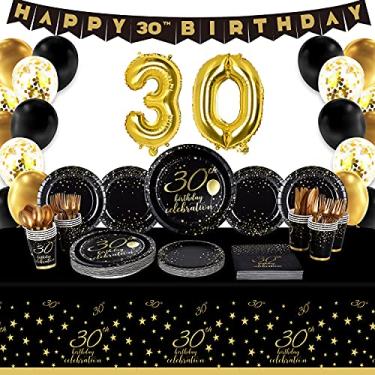 Imagem de Gatherfun Artigos para festa de 30 anos, pratos de papel descartáveis, guardanapos, copos, facas, colheres, garfos, toalha de mesa, faixa número 30 balões para homens, mulheres, preto e dourado, 30