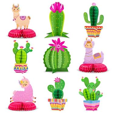 Imagem de Whaline 9 peças kit de mesa de centro de favo de mel de cacto de verão 3D cacto alpaca papel toalha de mesa tema mexicano festa festa decoração de mesa para verão aniversário havaiano luau chá de bebê