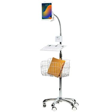 Imagem de Heavy-Duty Gooseneck Floor Stand with VESA Plate and Storage Basket for 7-14 Inch Tablets