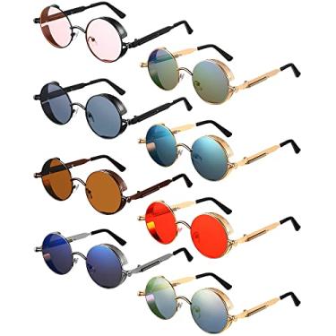 Imagem de 8 peças de óculos de sol retrô Steampunk vintage gótico redondo óculos de sol hippie armação de metal circular para homens e mulheres (cores frescas)