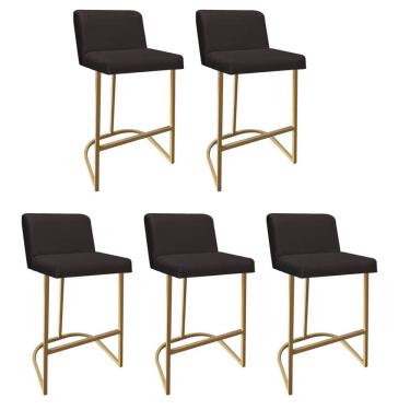 Imagem de Kit 05 Banquetas Com Encosto Confort Bistrô Cozinha Ferro Dourado Suede Marrom - Amey Decor