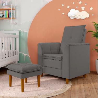 Imagem de Poltrona Decorativa Amamentação Reforçada E Puff Alice Suede cinza