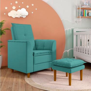 Imagem de Poltrona Decorativa Amamentação Reforçada E Puff Alice Suede azul Turquesa