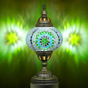 Imagem de Marrakech Luminária De Mesa Turca Com Mosaico Marroquino, Feita À Mão Caco Vidro E Base Bronze, Incluindo Lâmpada Led Para Decoração Sala Estar Quarto (Verde)