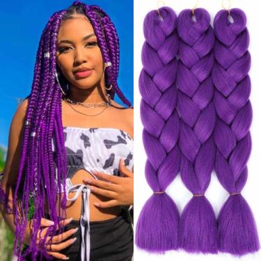 Imagem de Royota Pacote Com 3 Extensões De Cabelo Roxas Jumbo Braiding, 24" (60 Cm), Tranças Coloridas Sintéticas Alta Temperatura Para Mulheres, Tipo Caixa Torcida, Crochê (Pacote 60 Cm, Roxo)