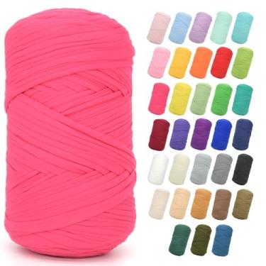 Imagem de Camiseta de 400 g para crochê, rosa choque, tecido elástico grosso, fio de crochê para iniciantes, bolsa de tricô à mão, cesta, porta-copos, artesanato faça você mesmo/decoração de casa