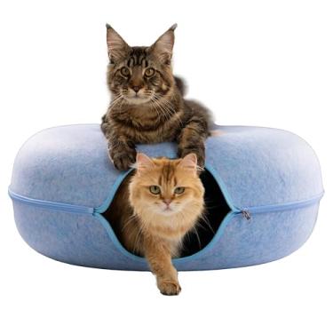 Imagem de Cattasaurus Peekaboo Cat Cave Donut para vários e grandes gatos de até 13,6 a 20,4 kg, cama 3 em 1 com aquecimento automático para gatos, túnel e arranhador para gatos internos, cama lavável e